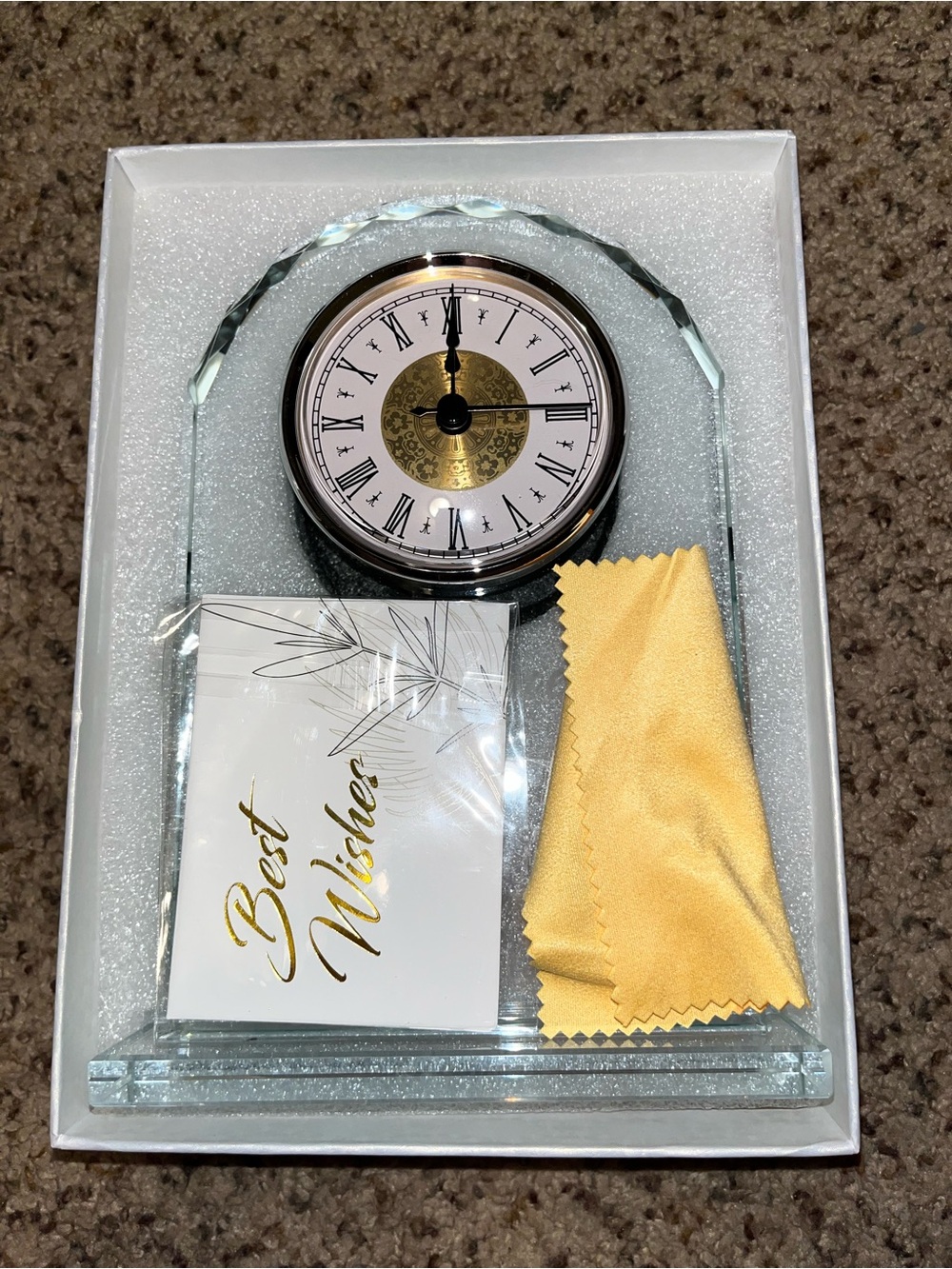 Clear Crystal Desk Clock with Gold Dial and Polished Cloth - Retirement quote